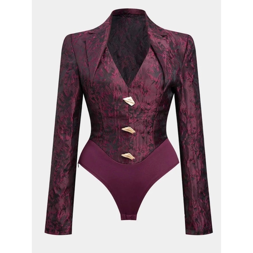 Micas Maroon Floral Jacquard Blazer Bodysuit Gold Button Long Sleeve Large NWT